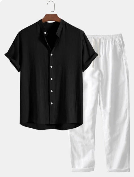 Men's Linen Two-Piece Set – Short-Sleeve Shirt Drawstring Trousers