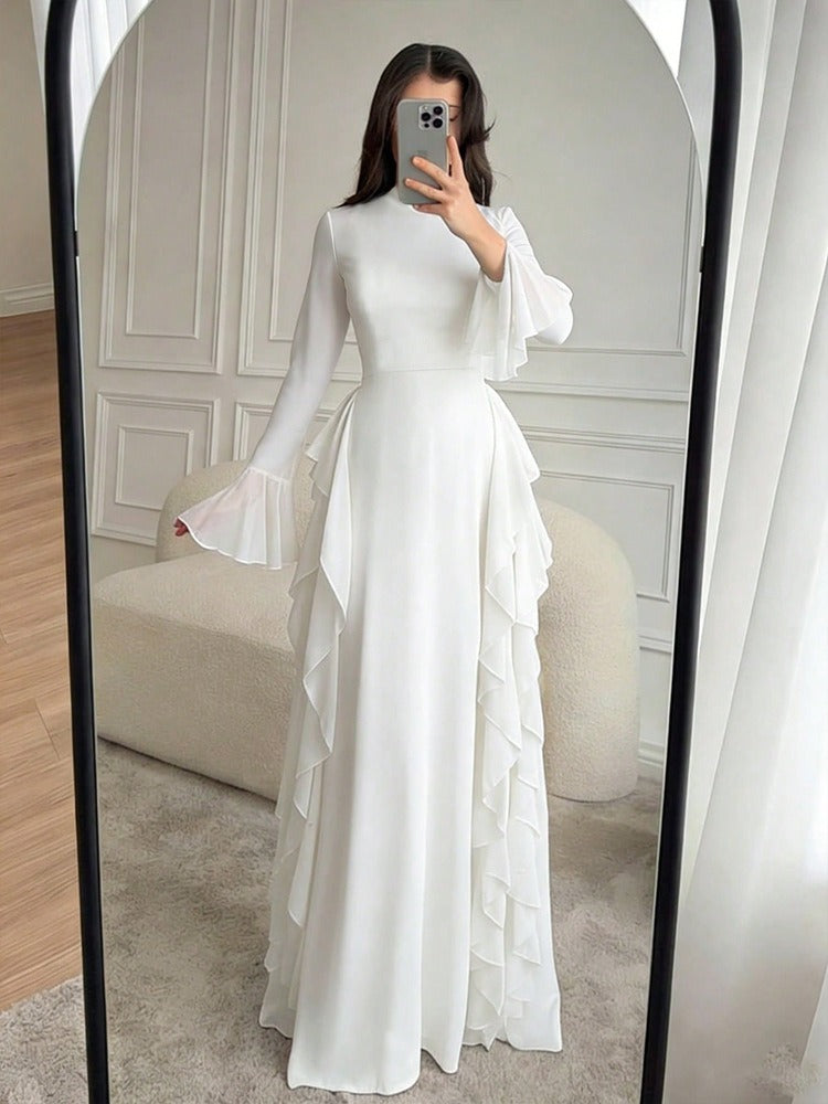 Women's Long Dress with Ruffles – Lightweight Flowing Fabric and Flared Sleeves