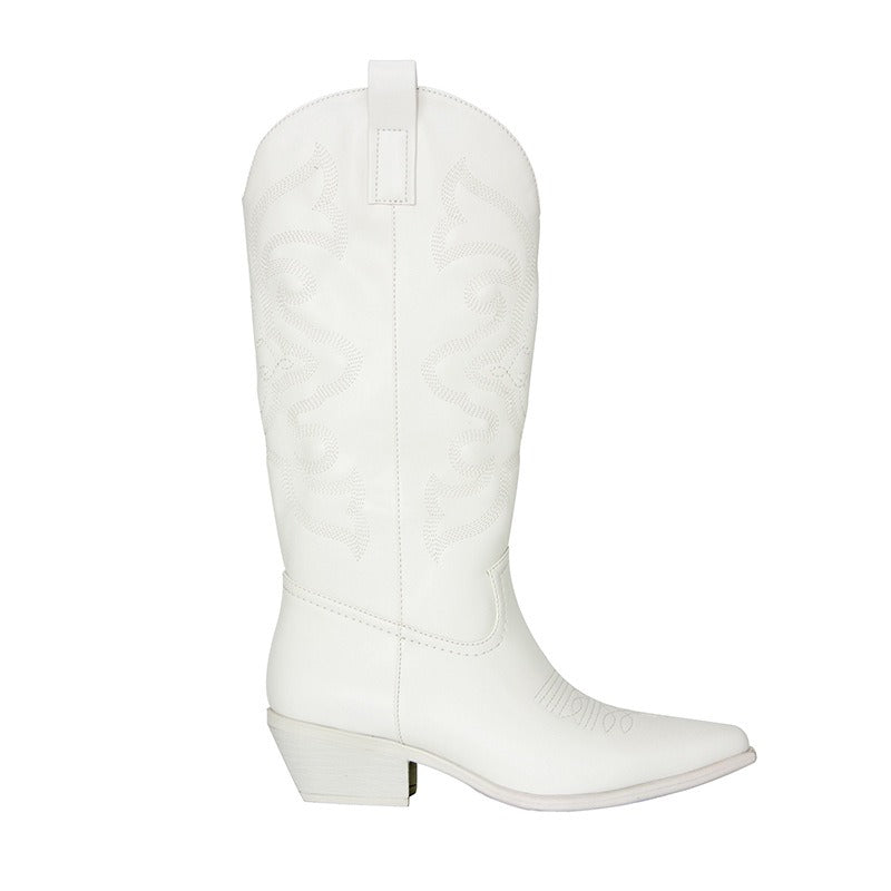 Metallic Women's Cowboy Boots – Embroidery & Mid-Calf Block Heel