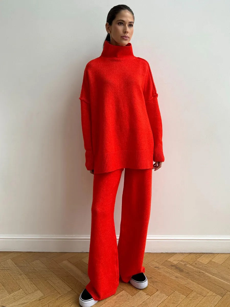 Women's Two-Piece Knitwear Set - Casual Sweater and Wide-Leg Trousers