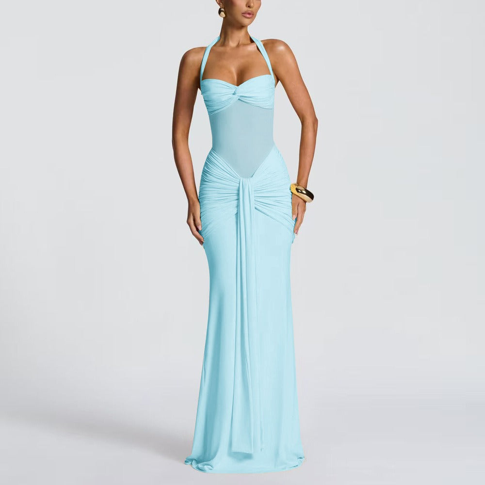 Fitted Long Ruched Dress for Women – Evening Dress with Sheer Panel