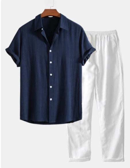 Men's Linen Two-Piece Set – Short-Sleeve Shirt Drawstring Trousers