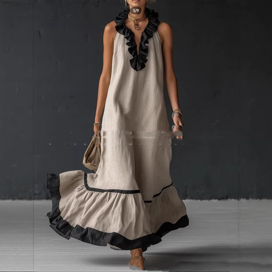 Women's Ruffled Cotton Maxi Dress - Sleeveless A-Line Silhouette