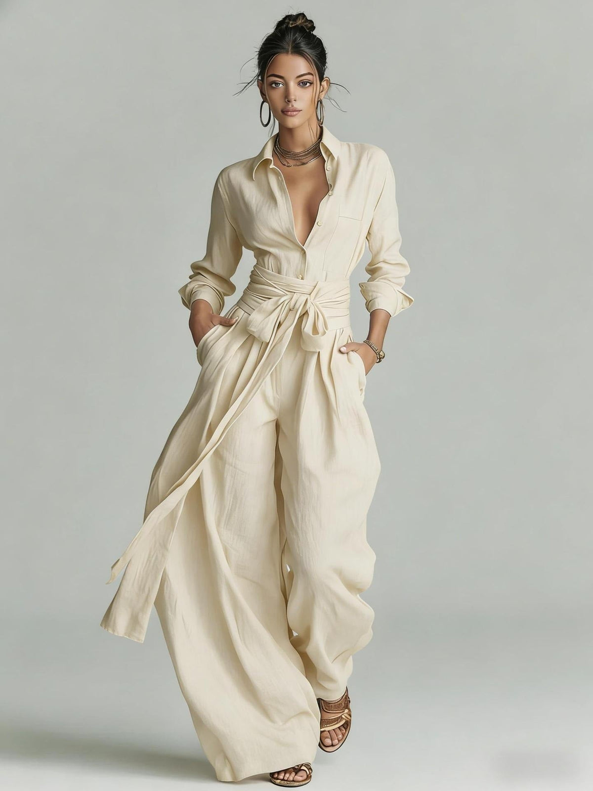Women's Two-Piece Linen-Cotton Set – Tie Belt, Long Sleeves