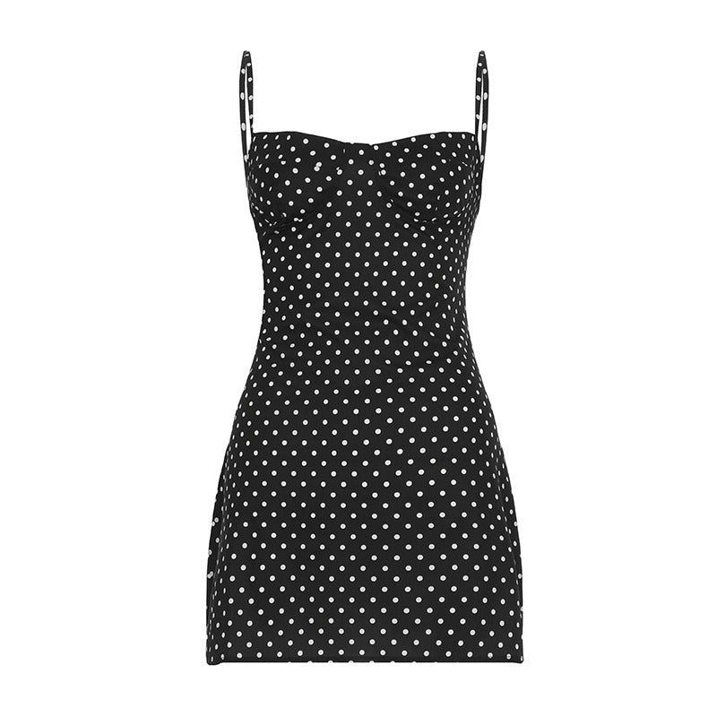 Women's Short Fitted Dress with Polka Dots – Heart Neckline and Lightweight Stretch Fabric