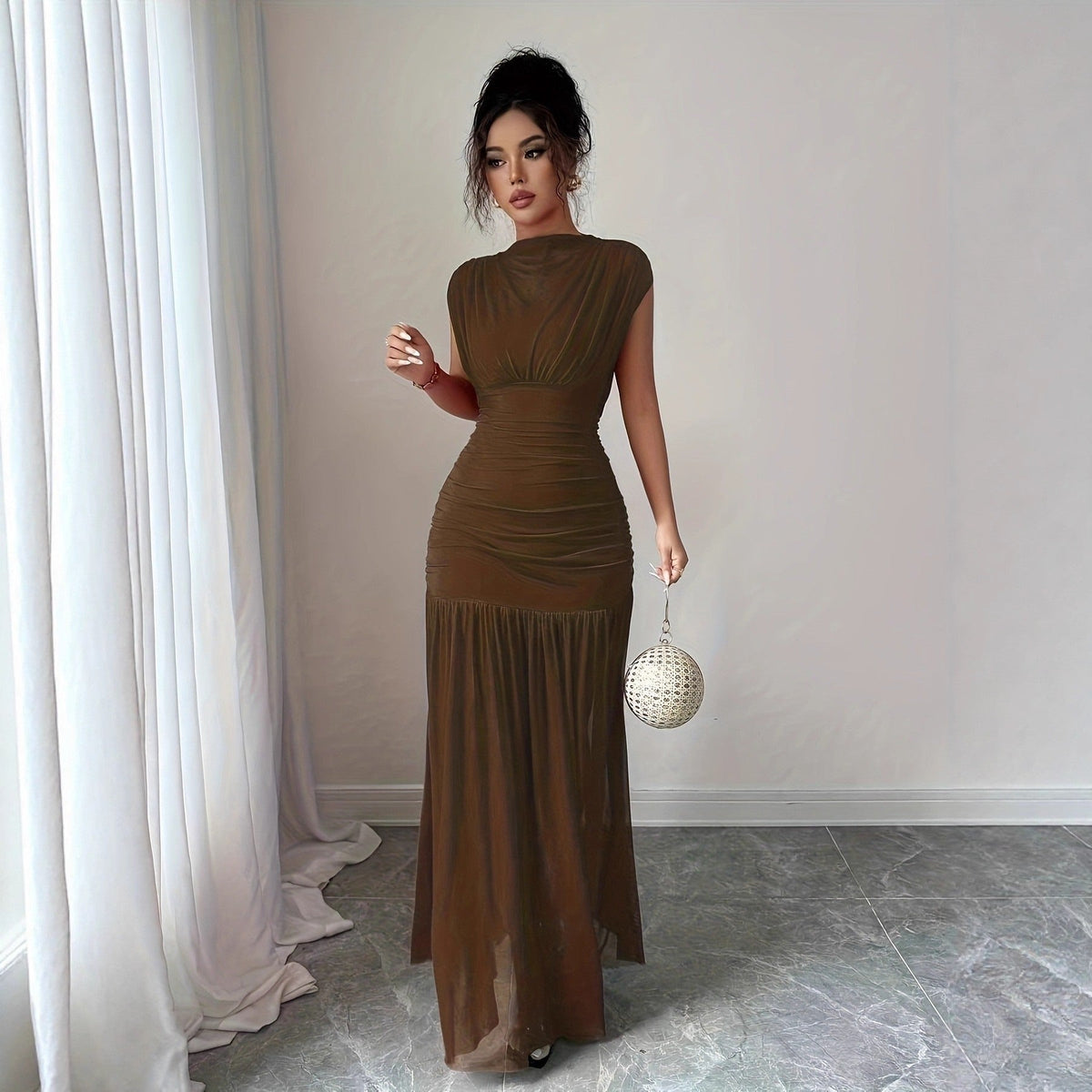 Women’s Ruched Mesh Maxi Dress – Fitted Pleated Elegance