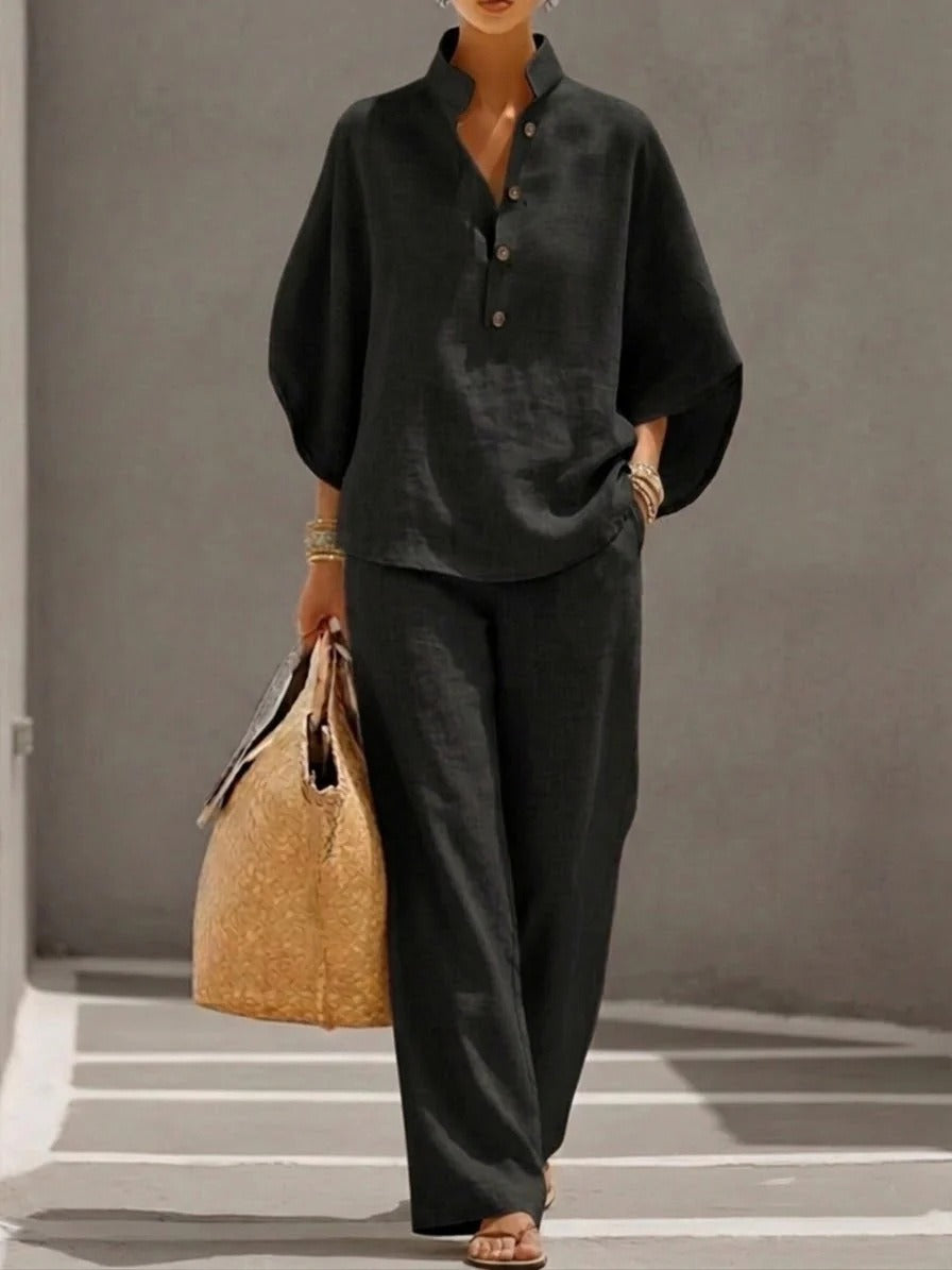 Women's Linen Co-ord Set – Oversize V-Neck Top and Straight Trousers