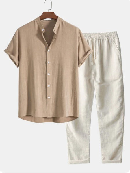 Men's Linen Two-Piece Set – Short-Sleeve Shirt Drawstring Trousers