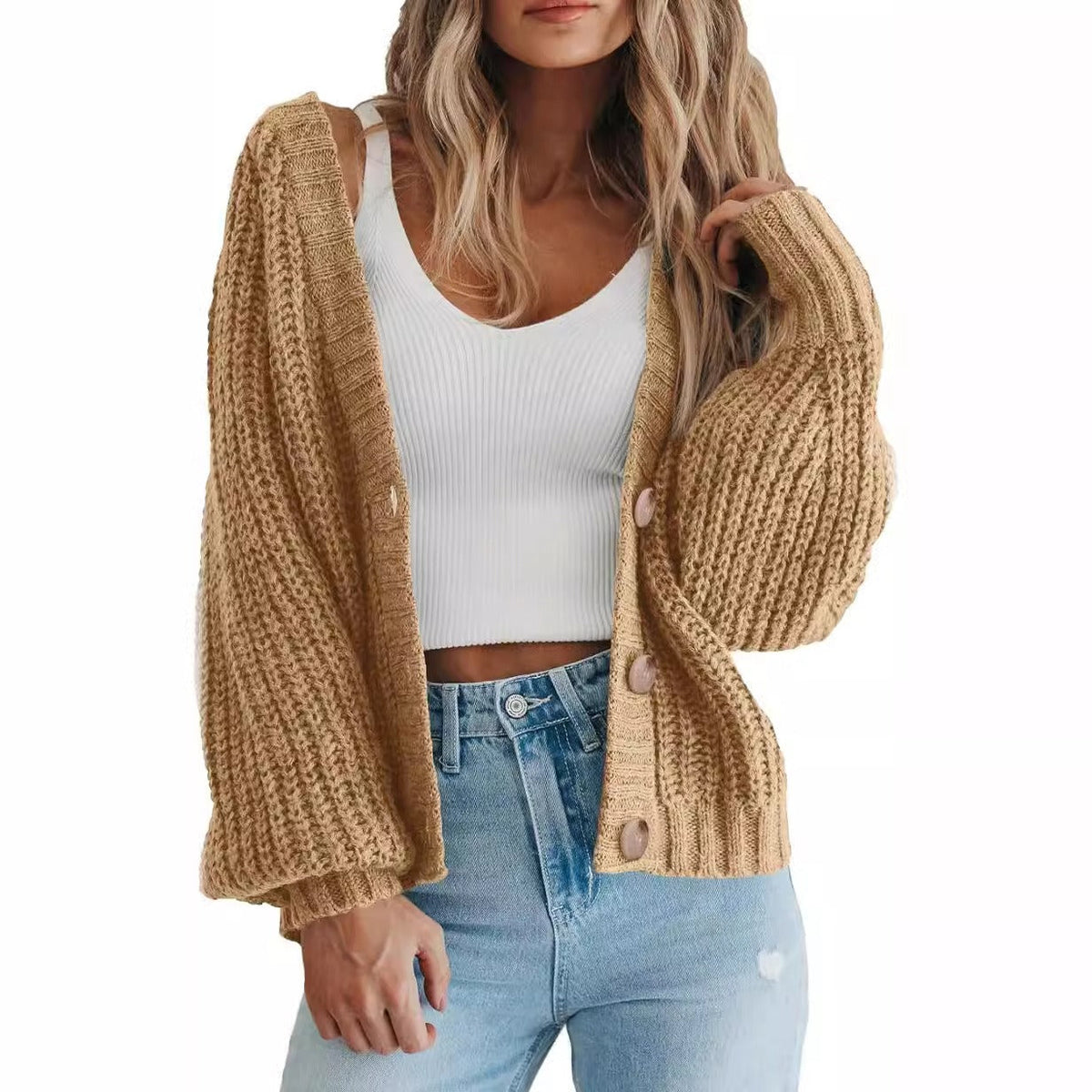 Women's Chunky-Knit Cardigan – Oversized Fit, Balloon Sleeves
