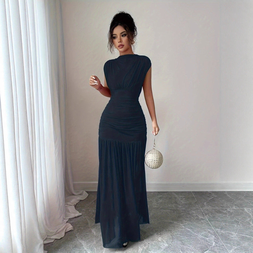 Women’s Ruched Mesh Maxi Dress – Fitted Pleated Elegance