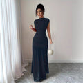 Women’s Ruched Mesh Maxi Dress – Fitted Pleated Elegance