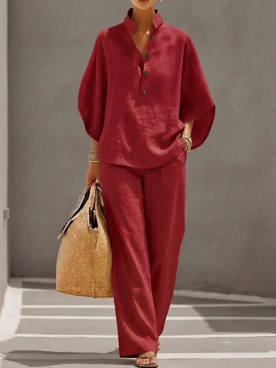 Women's Linen Co-ord Set – Oversize V-Neck Top and Straight Trousers
