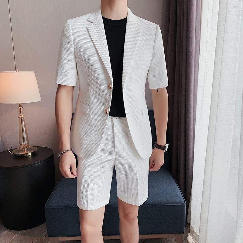 Men’s Textured Short-Sleeve Suit Set – Breathable Slim Fit