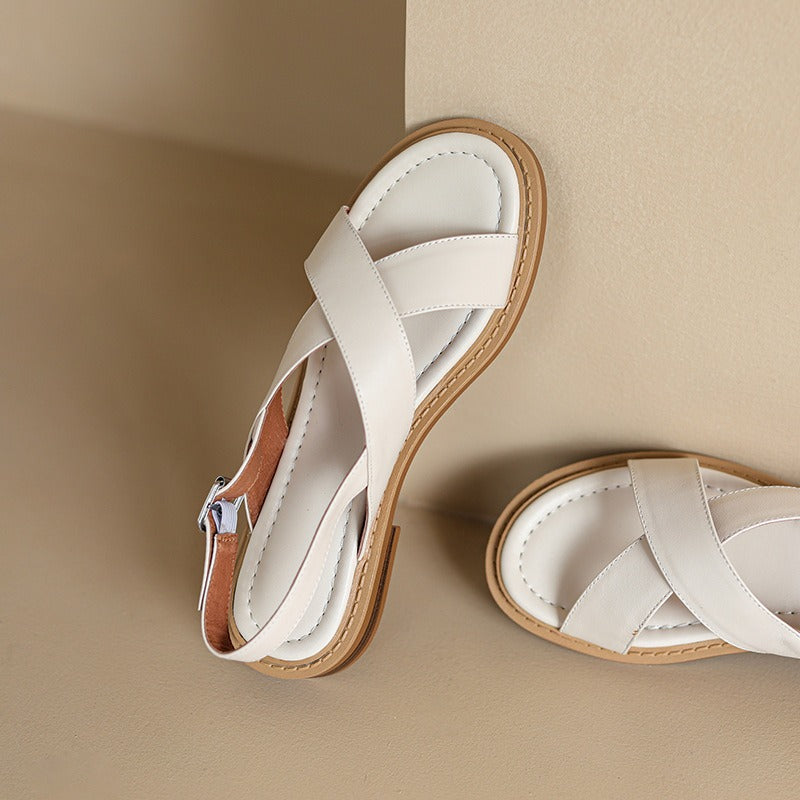 Women's Flat Sandals Genuine Leather – Open Toe and Crossed Straps