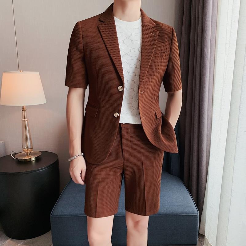 Men’s Textured Short-Sleeve Suit Set – Breathable Slim Fit