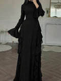 Women's Long Dress with Ruffles – Lightweight Flowing Fabric and Flared Sleeves