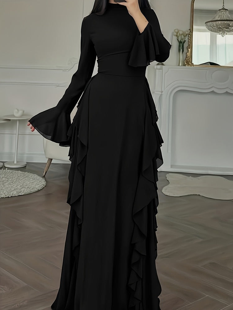 Women's Long Dress with Ruffles – Lightweight Flowing Fabric and Flared Sleeves