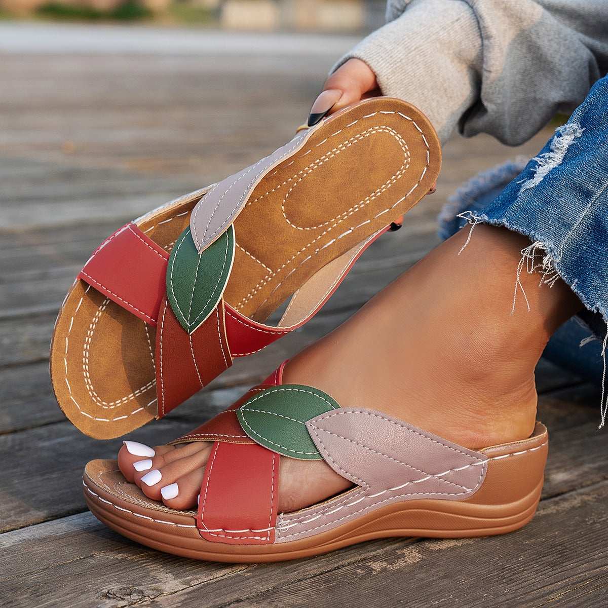 Women's Wedge Sandals Open Toe – Crossed Straps Color Block