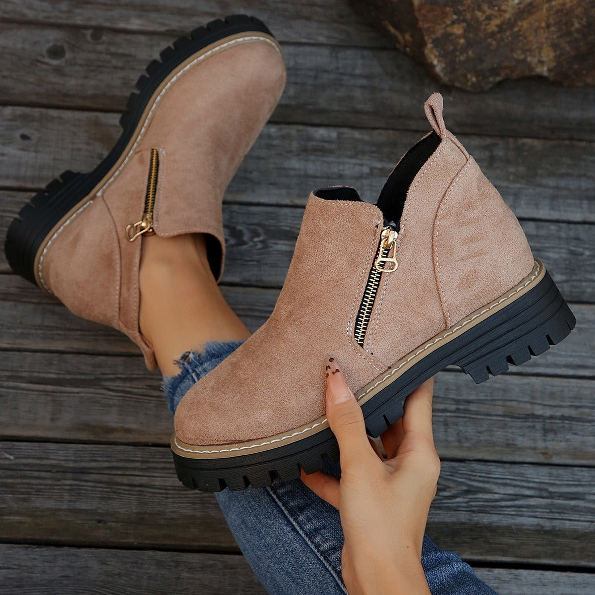 Women's Suede-Effect Ankle Boots - Side Zip, Chunky Sole