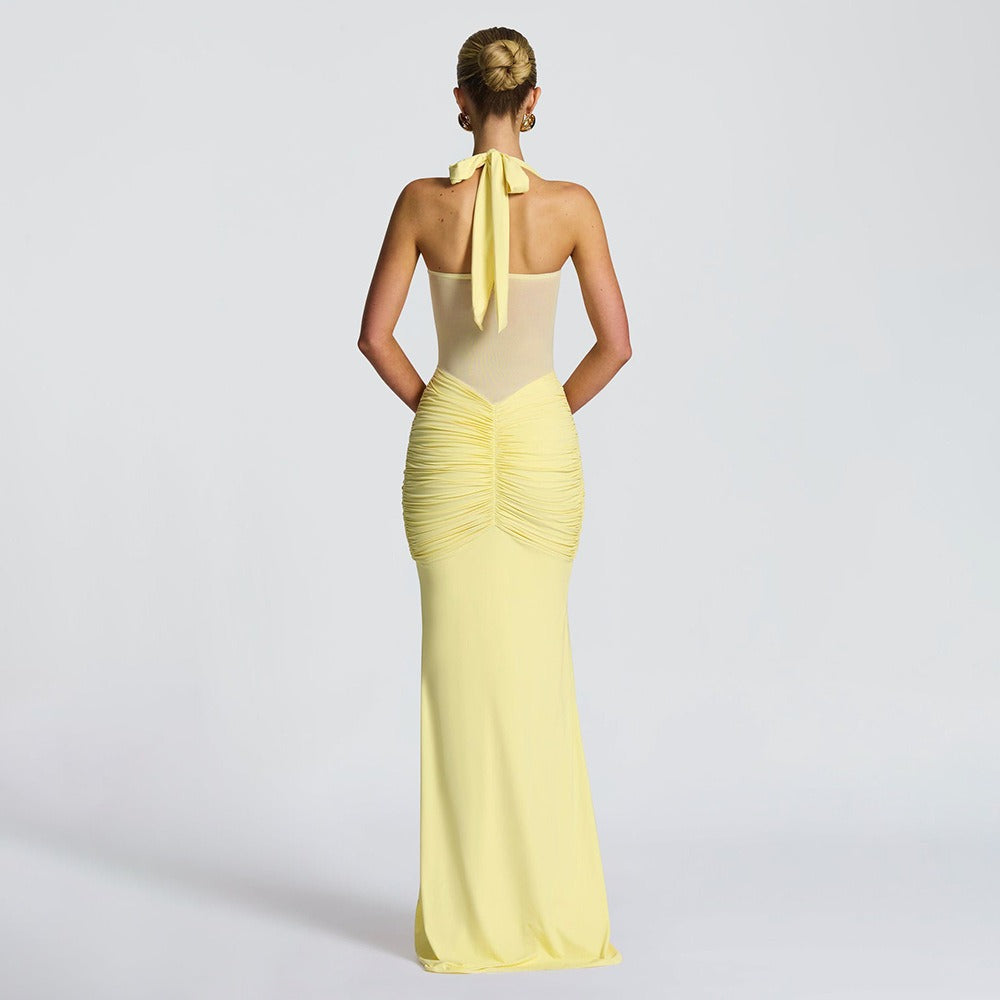 Fitted Long Ruched Dress for Women – Evening Dress with Sheer Panel