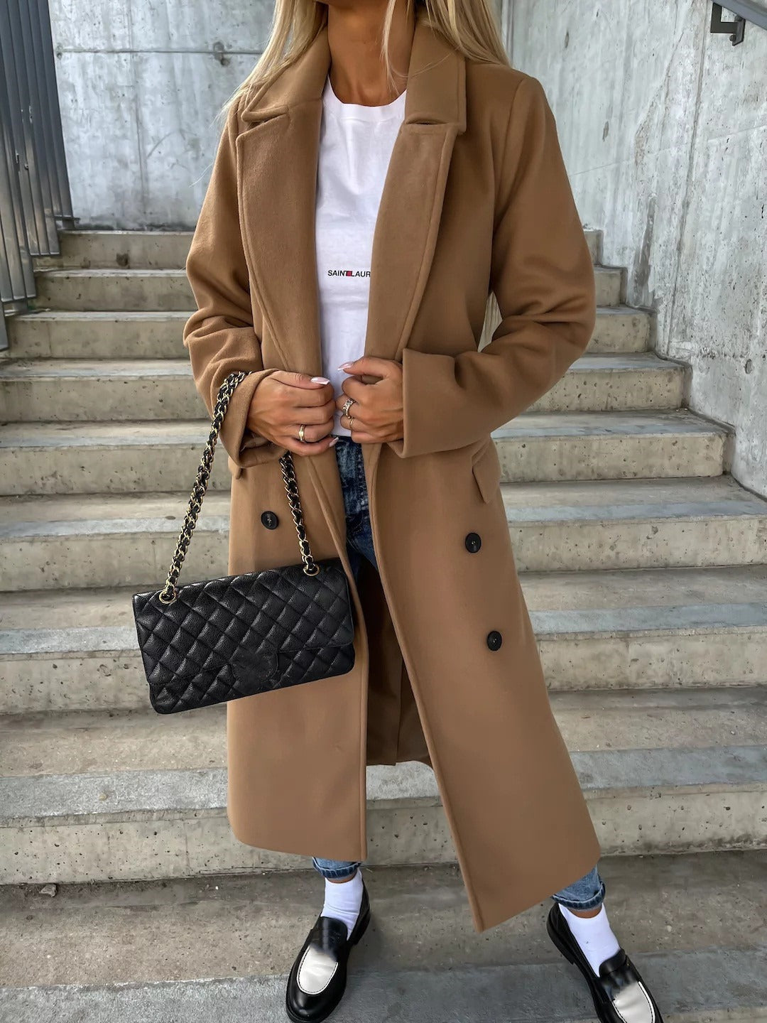 Women's Long Double-Breasted Coat – Belted Jacket with Split Lapels