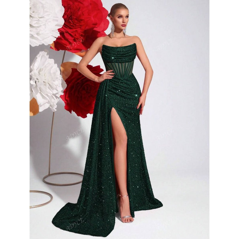 Long Evening Dress for Women – Semi-Transparent Structured Bodice and Flared Skirt
