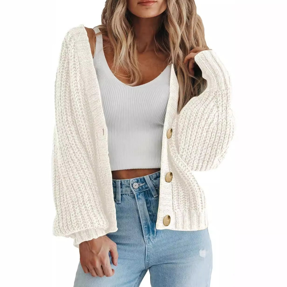 Women's Chunky-Knit Cardigan – Oversized Fit, Balloon Sleeves