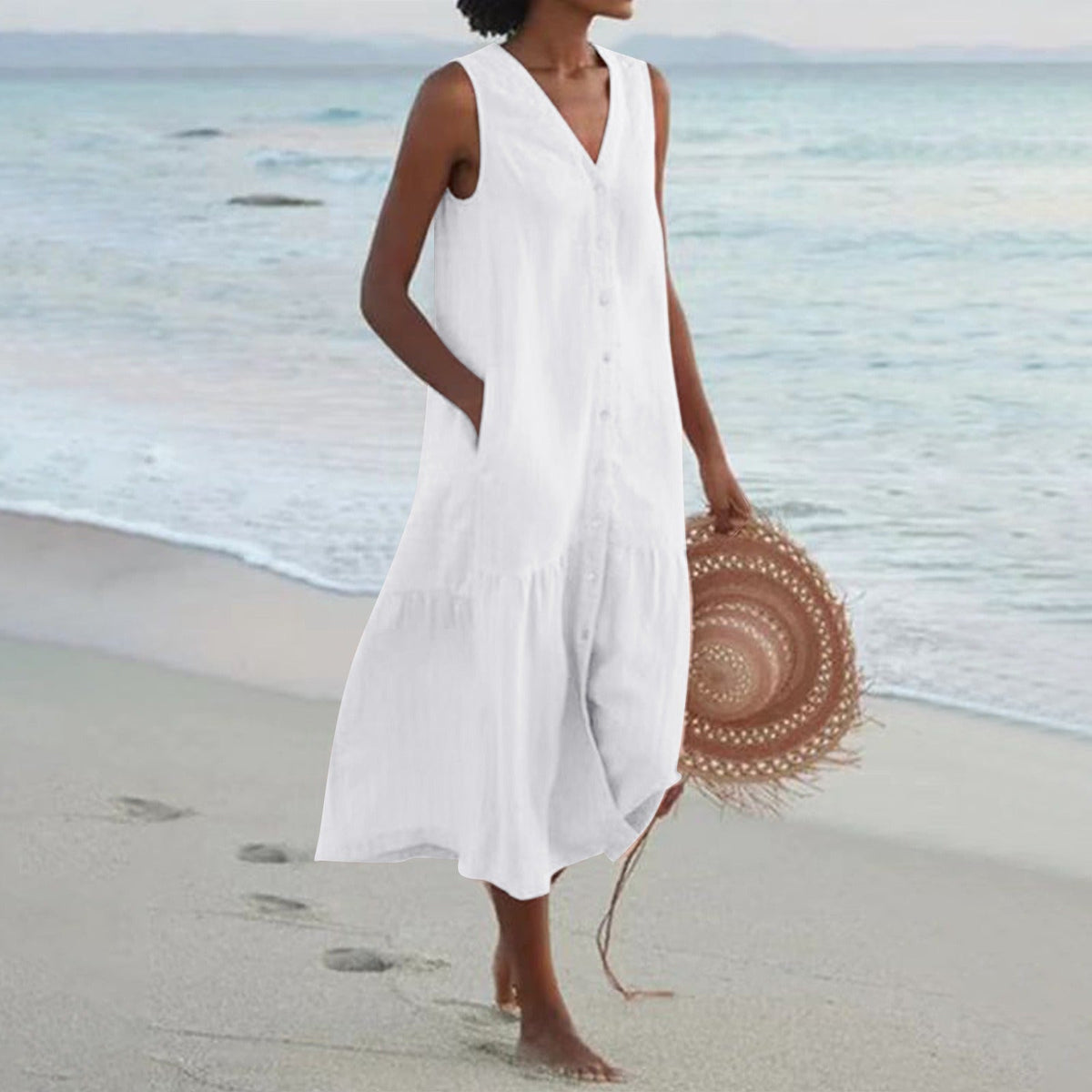 Women's Sleeveless Cotton Midi Dress – Buttoned and Flared with Ruffles