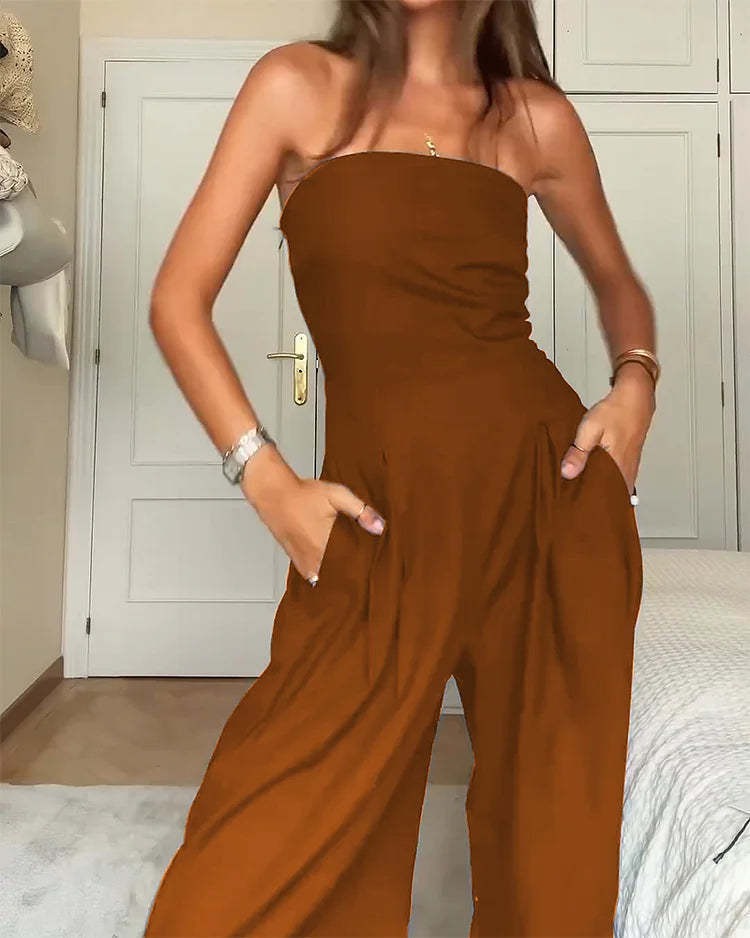 Women’s Strapless Wide-Leg Jumpsuit – Elegant Fitted Flowing Fit