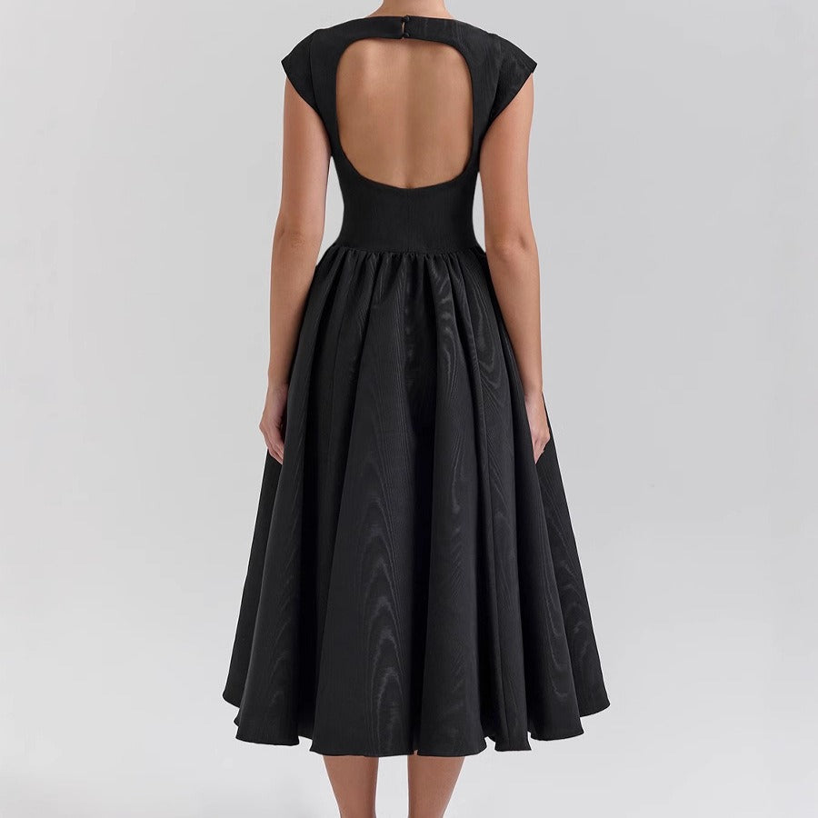 Women's Sleeveless Midi Dress with Open Back – Round Neck, Flowing Fabric