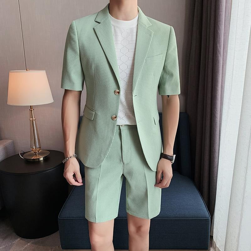Men’s Textured Short-Sleeve Suit Set – Breathable Slim Fit