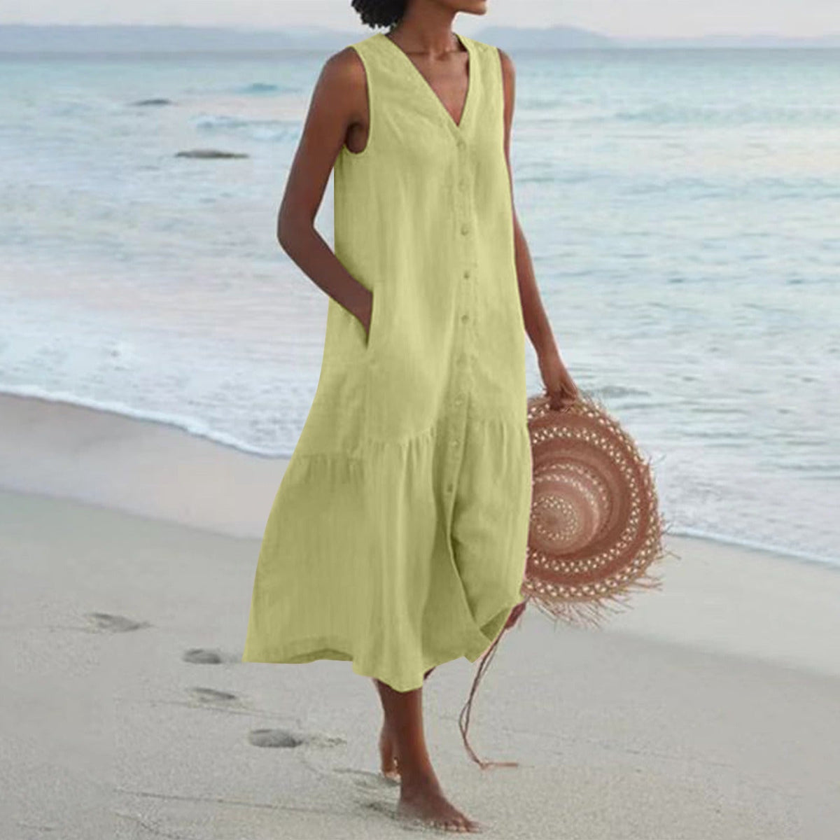 Women's Sleeveless Cotton Midi Dress – Buttoned and Flared with Ruffles