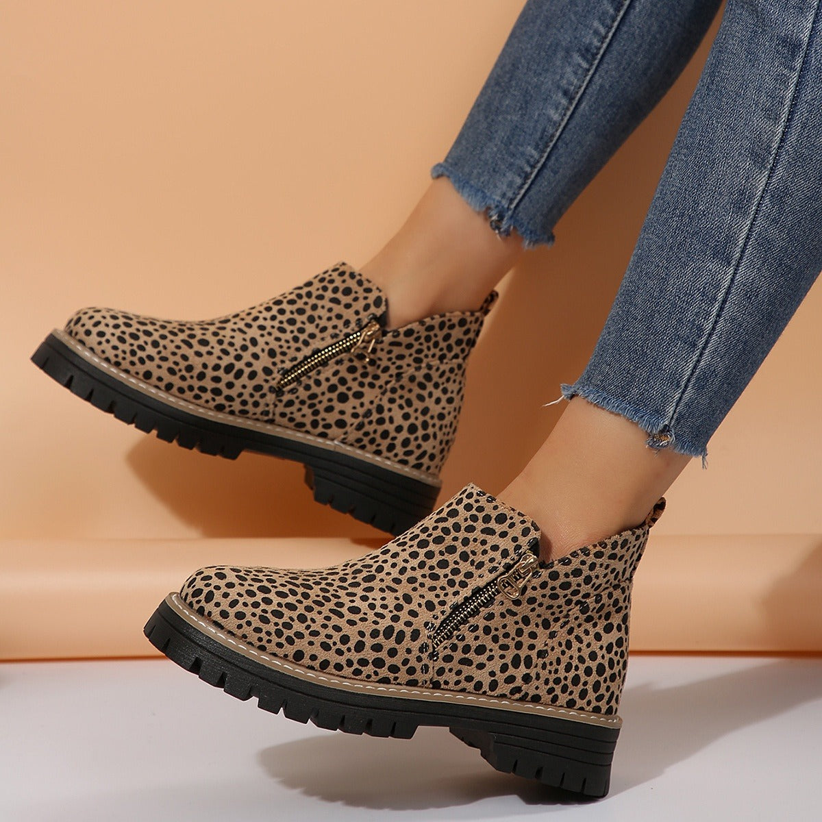 Women's Suede-Effect Ankle Boots - Side Zip, Chunky Sole