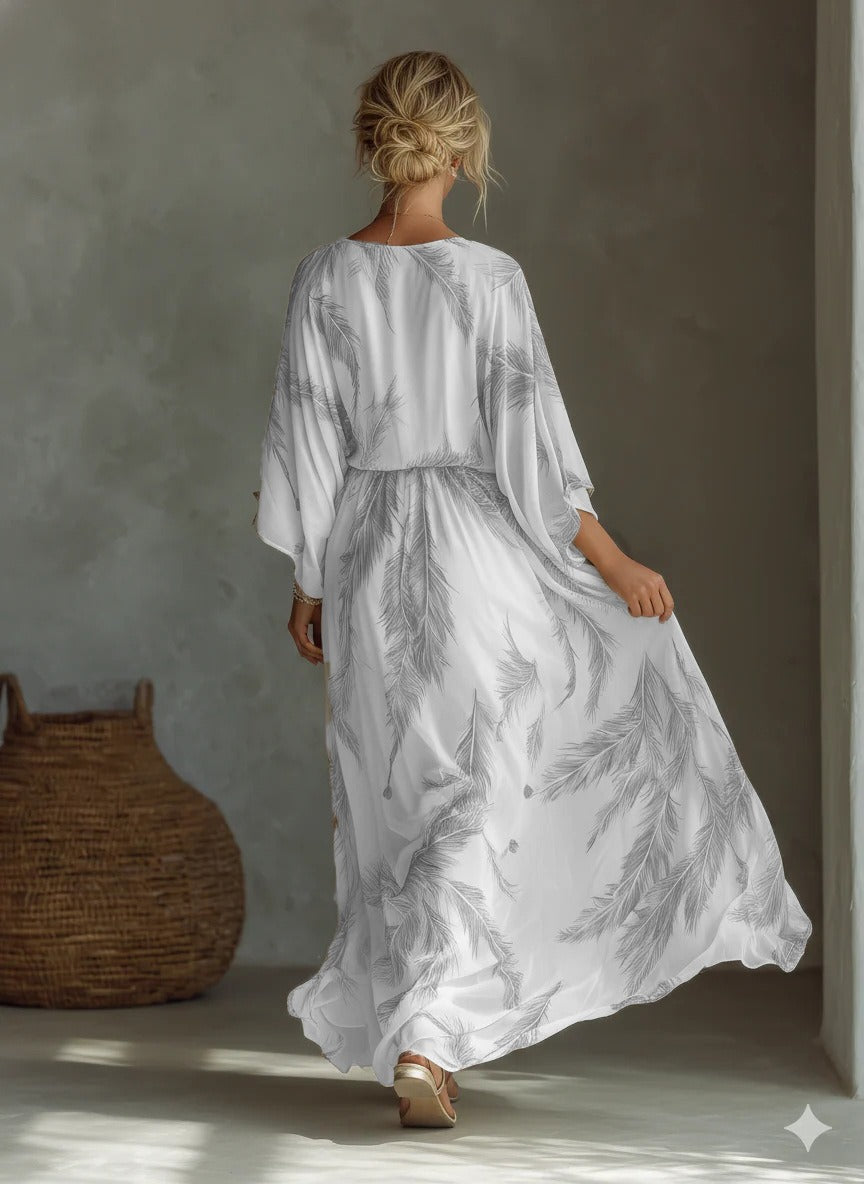 Women's Long Maxi V-Neck Dress with Batwing Sleeves – Relaxed High Waist
