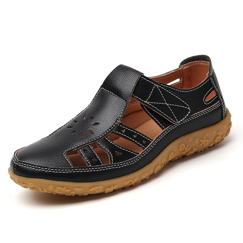 Women's Closed-Toe Sandals – Cutout Upper with Contrasting Topstitching Velcro Closure