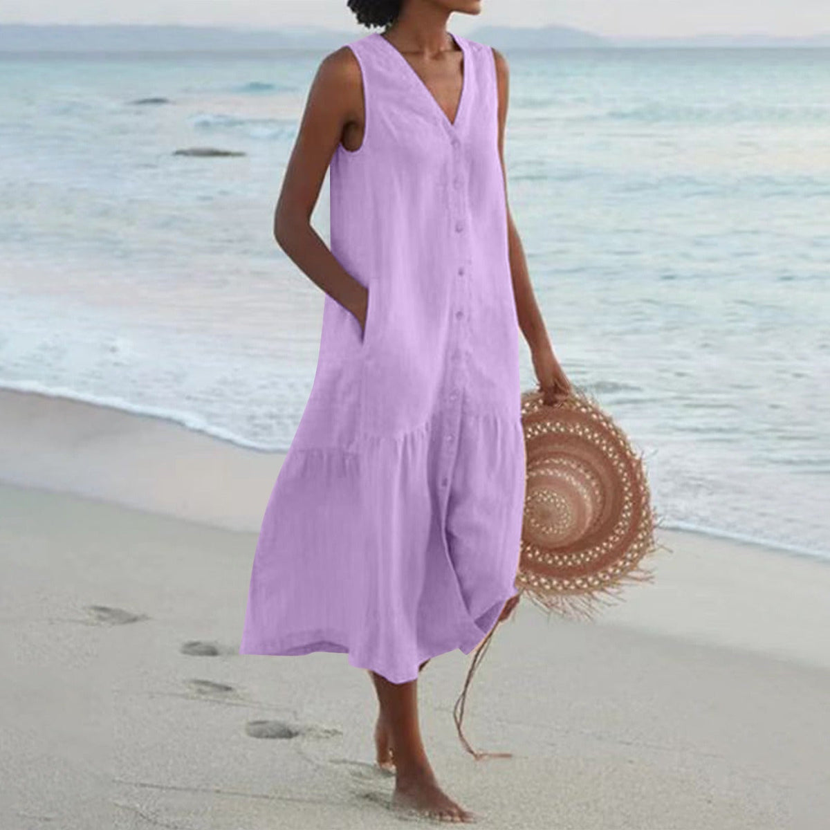 Women's Sleeveless Cotton Midi Dress – Buttoned and Flared with Ruffles