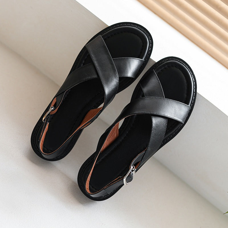 Women's Flat Sandals Genuine Leather – Open Toe and Crossed Straps