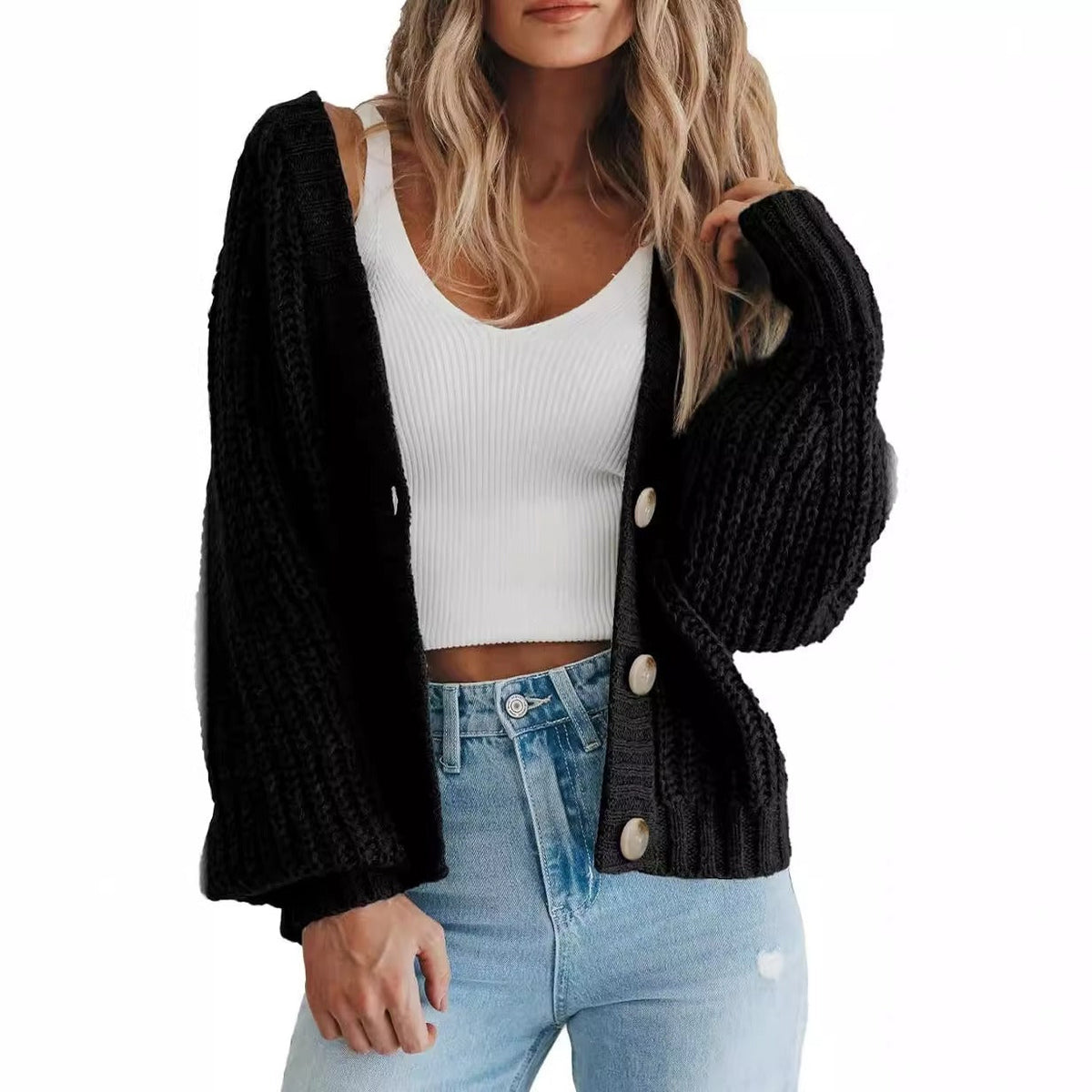 Women's Chunky-Knit Cardigan – Oversized Fit, Balloon Sleeves
