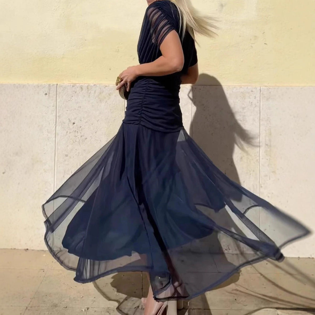 Women's Long Chiffon Dress – V-Neck Printed Short Sleeves