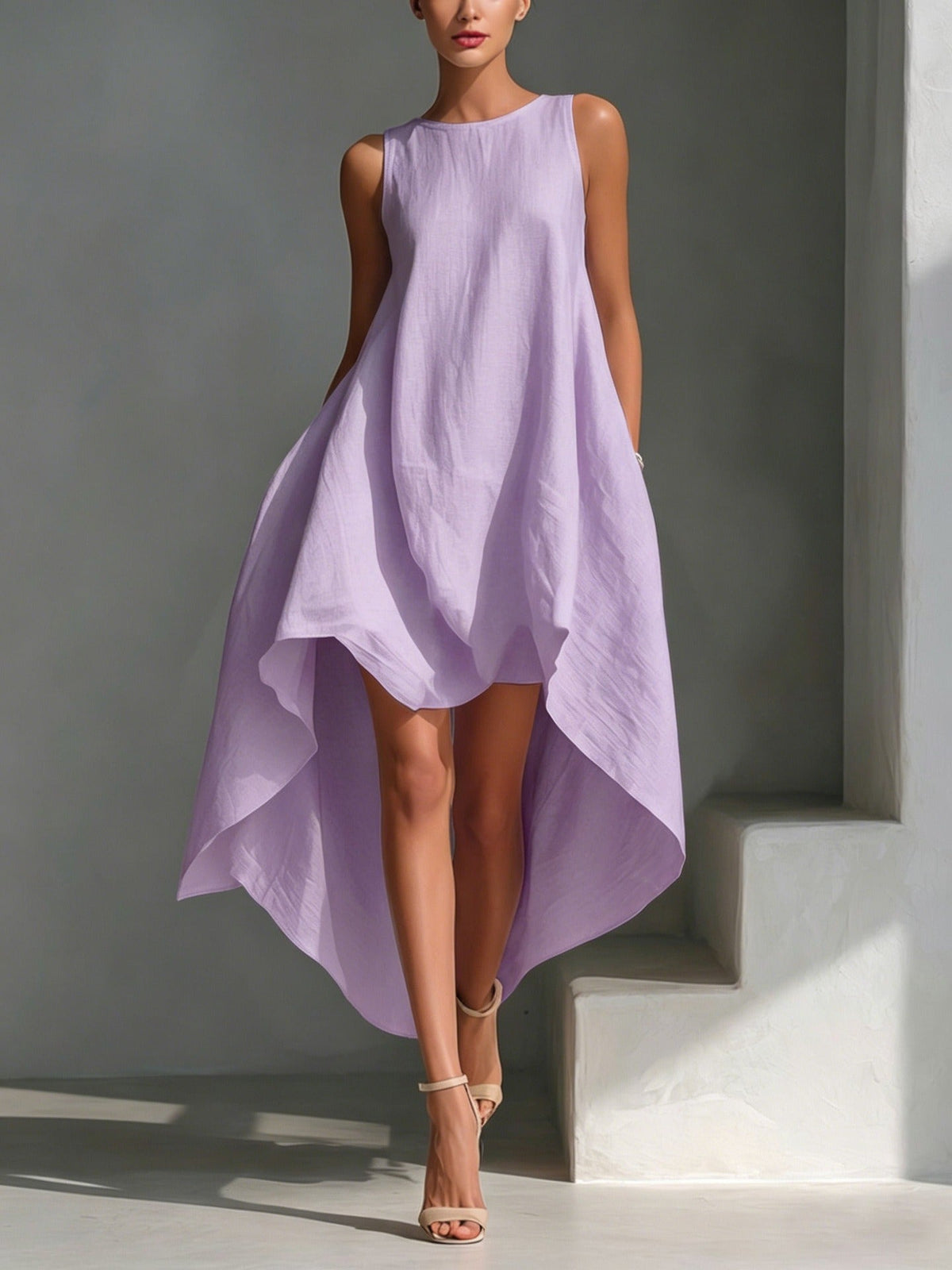 Women's Sleeveless Midi Dress – Asymmetrical Flared Fit