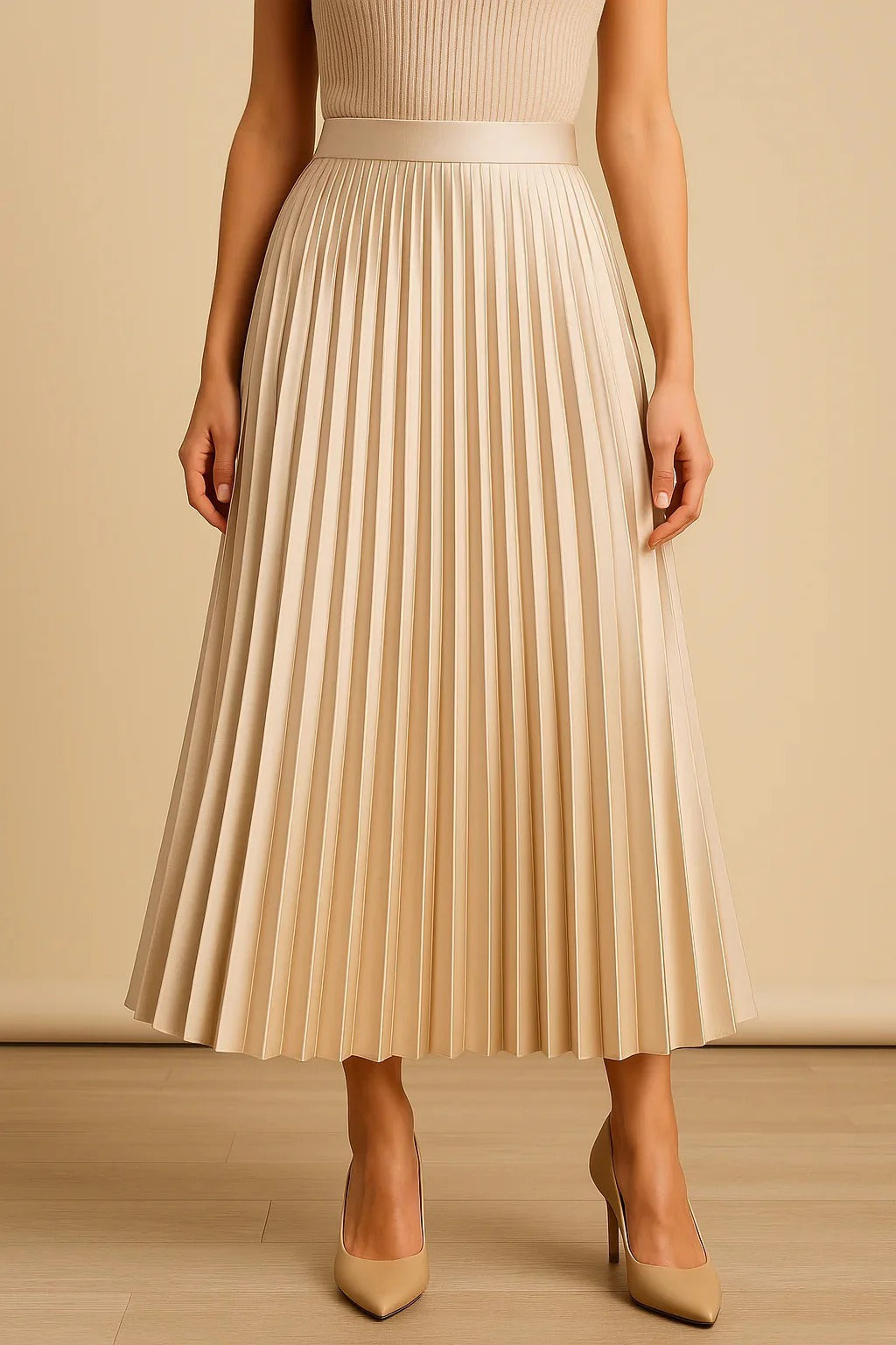 Women's Pleated Satin Midi Skirt – Fluid and Elegant Silhouette