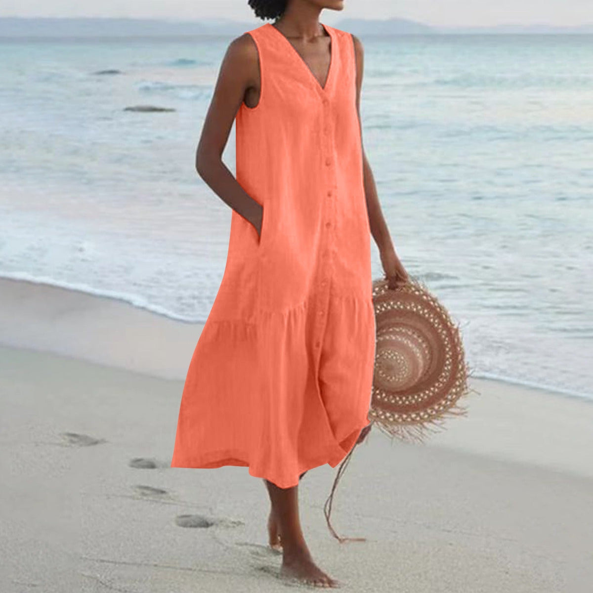Women's Sleeveless Cotton Midi Dress – Buttoned and Flared with Ruffles