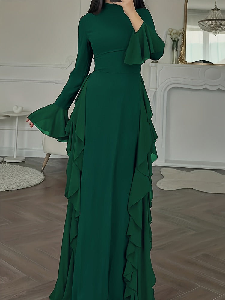 Women's Long Dress with Ruffles – Lightweight Flowing Fabric and Flared Sleeves