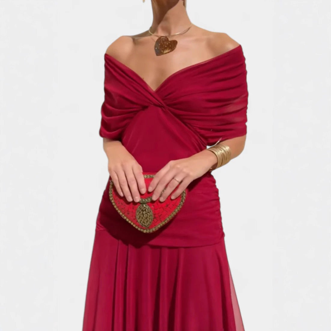 Women's Long Chiffon Dress – V-Neck Printed Short Sleeves