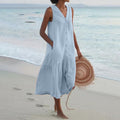Women's Sleeveless Cotton Midi Dress – Buttoned and Flared with Ruffles