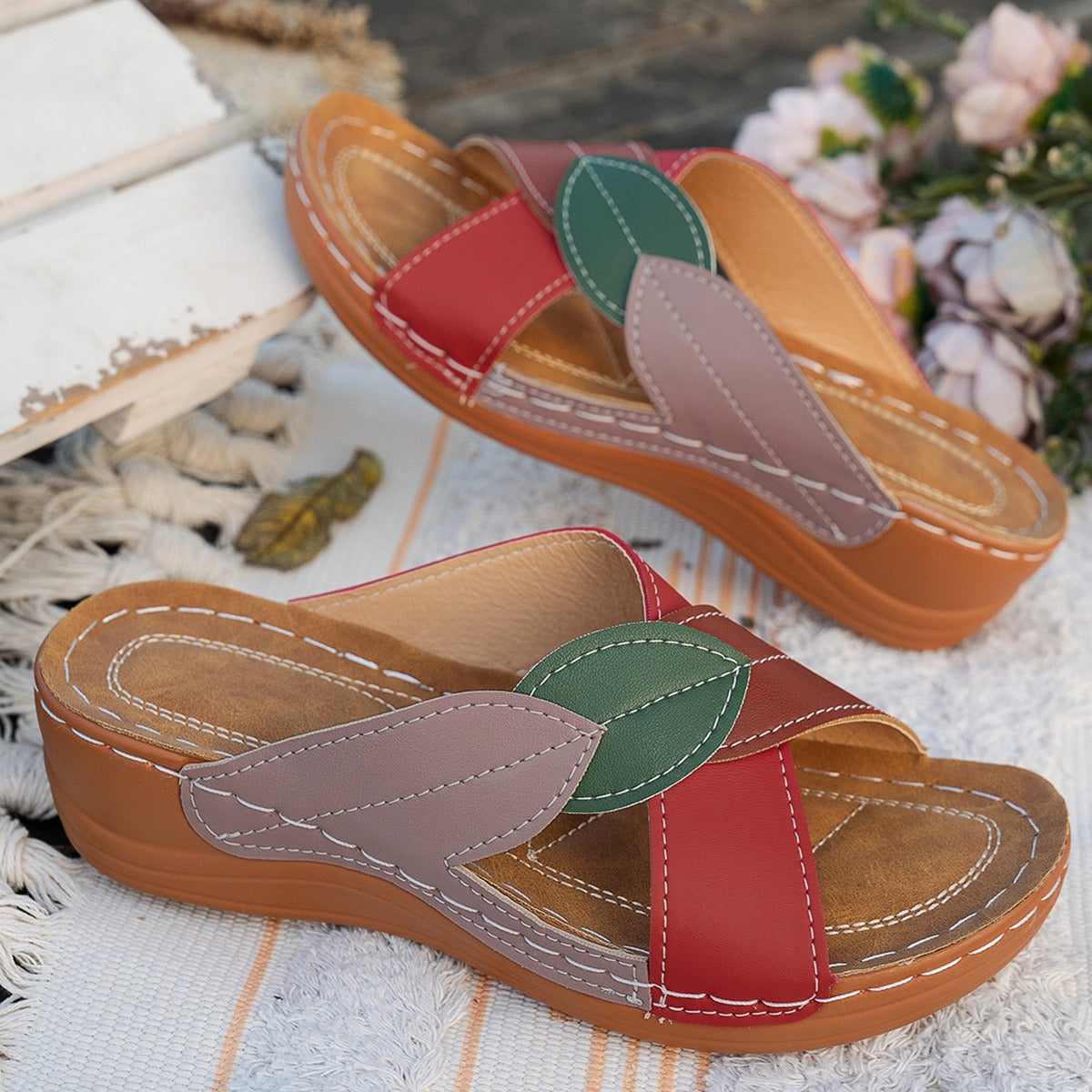 Women's Wedge Sandals Open Toe – Crossed Straps Color Block