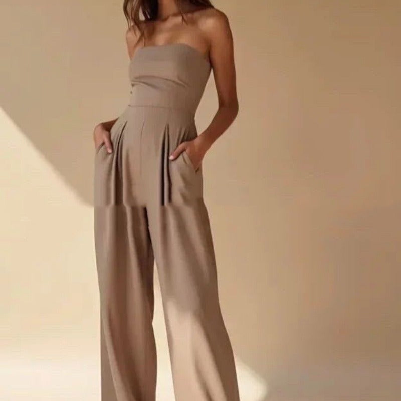 Women’s Strapless Wide-Leg Jumpsuit – Elegant Fitted Flowing Fit