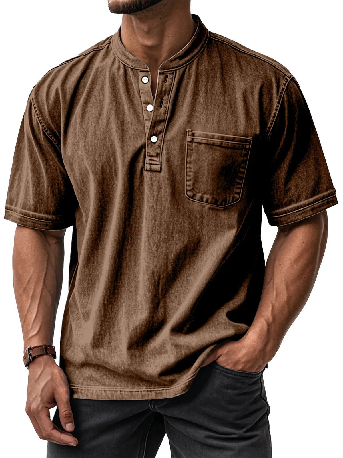 Men's Short Sleeve Cotton Shirt – Casual Crew Neck
