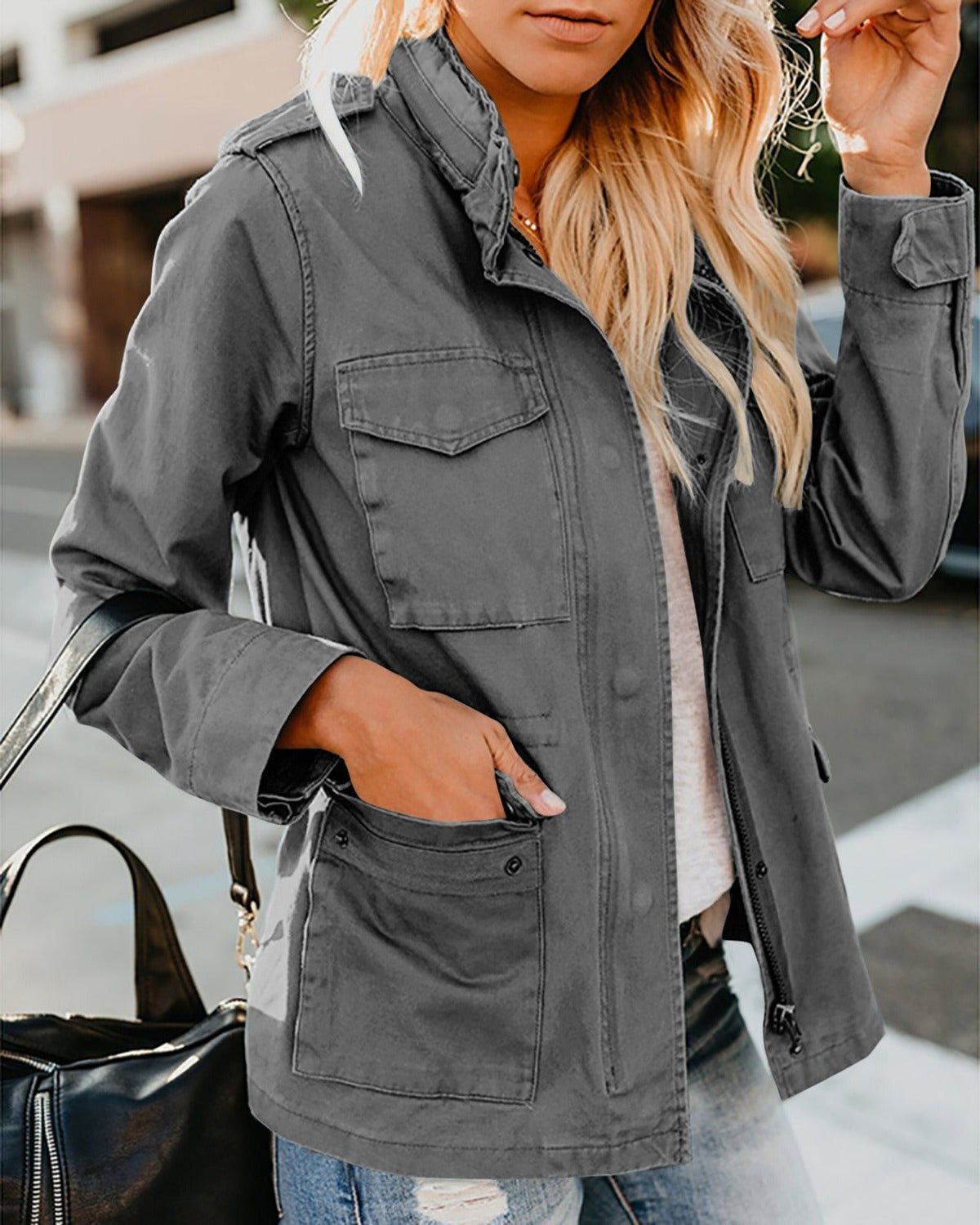 Women's Casual Utility-Style Jacket – Oversized Zipped Fit