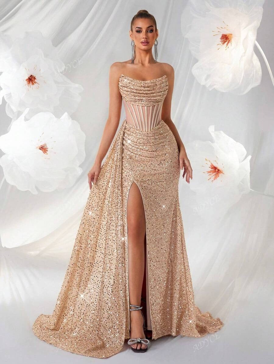 Long Evening Dress for Women – Semi-Transparent Structured Bodice and Flared Skirt